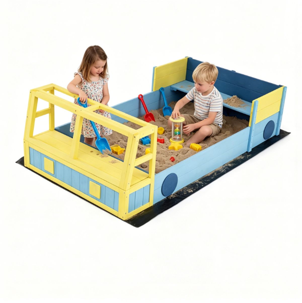 Fire Truck Themed Wooden Sandbox for 2 Kids, Fir Wood Play Sand Table with PP Liner & Bench, Outdoor Sensory Play Toy for Toddlers 18+ Months