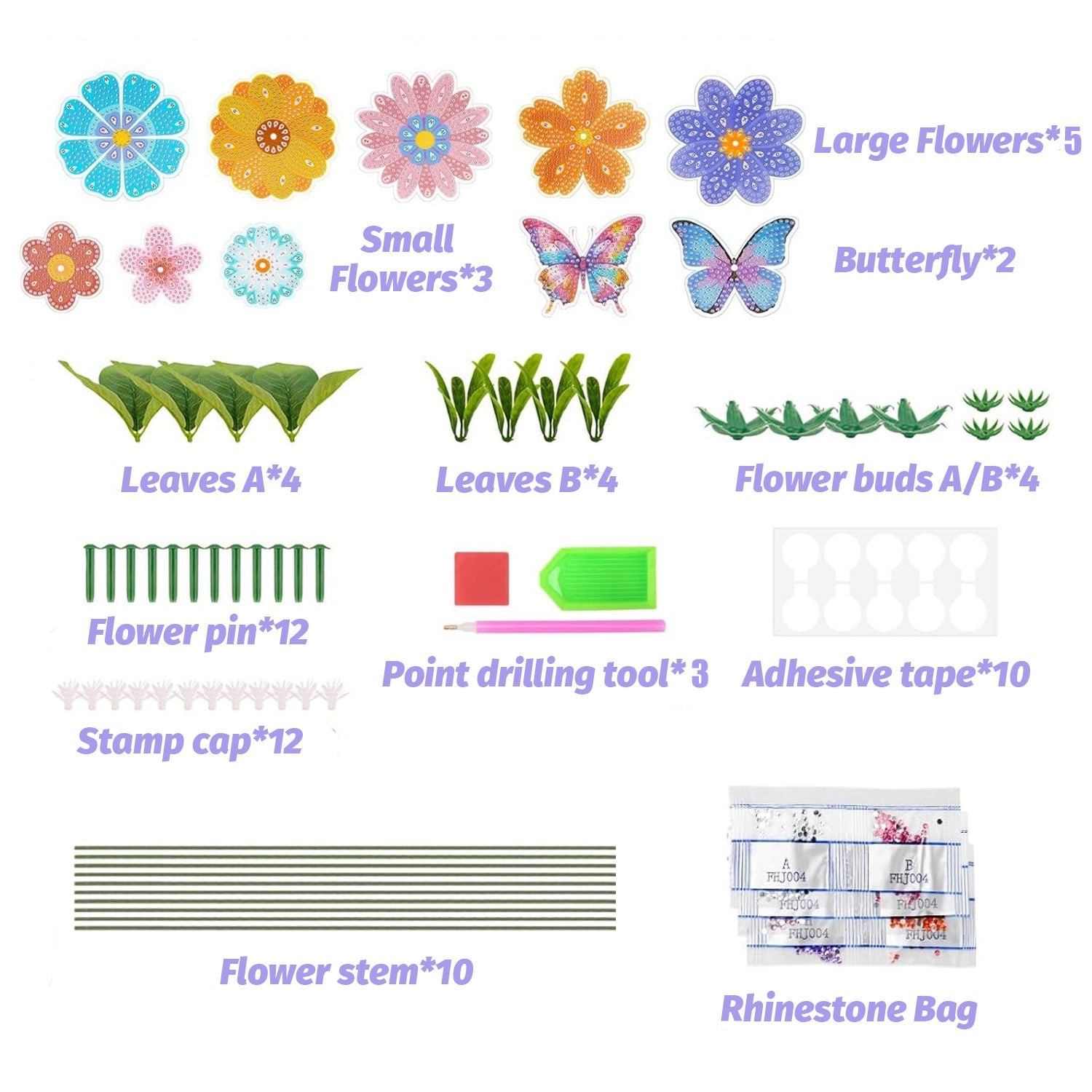 73 Pcs Flower Rhinestones Art Kits Include Butterfly Flower Needle Base Flower Stem DIY Rhinestones Painting Bouquet for Birthday Craft Gift Small Butterfly Decorative Stakes for Wedding Holiday
