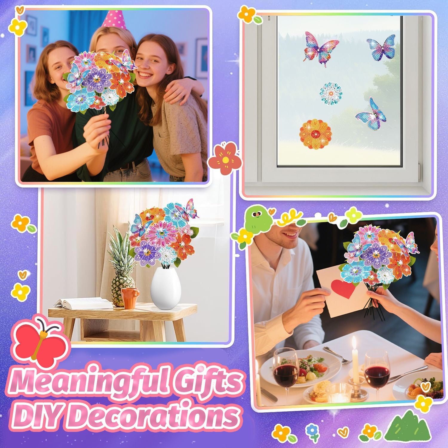 73 Pcs Flower Rhinestones Art Kits Include Butterfly Flower Needle Base Flower Stem DIY Rhinestones Painting Bouquet for Birthday Craft Gift Small Butterfly Decorative Stakes for Wedding Holiday