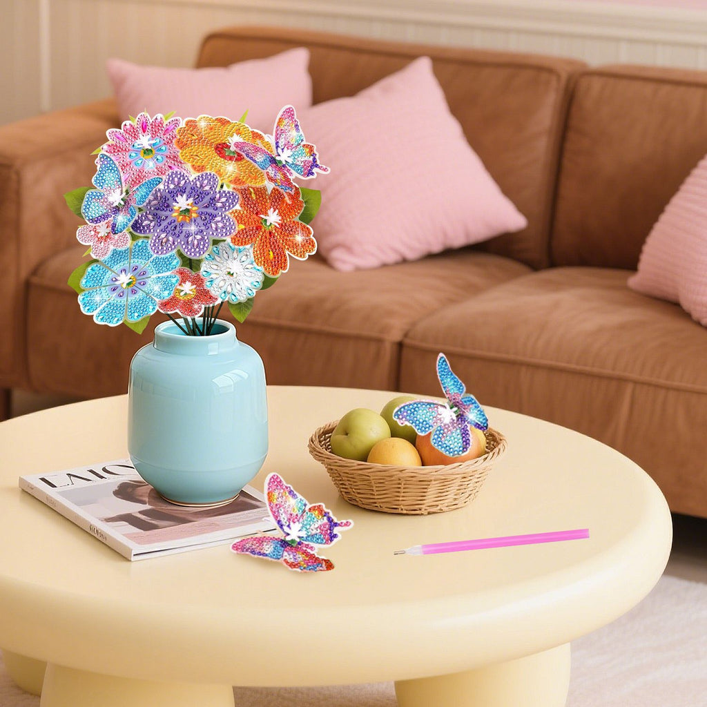 73 Pcs Flower Rhinestones Art Kits Include Butterfly Flower Needle Base Flower Stem DIY Rhinestones Painting Bouquet for Birthday Craft Gift Small Butterfly Decorative Stakes for Wedding Holiday