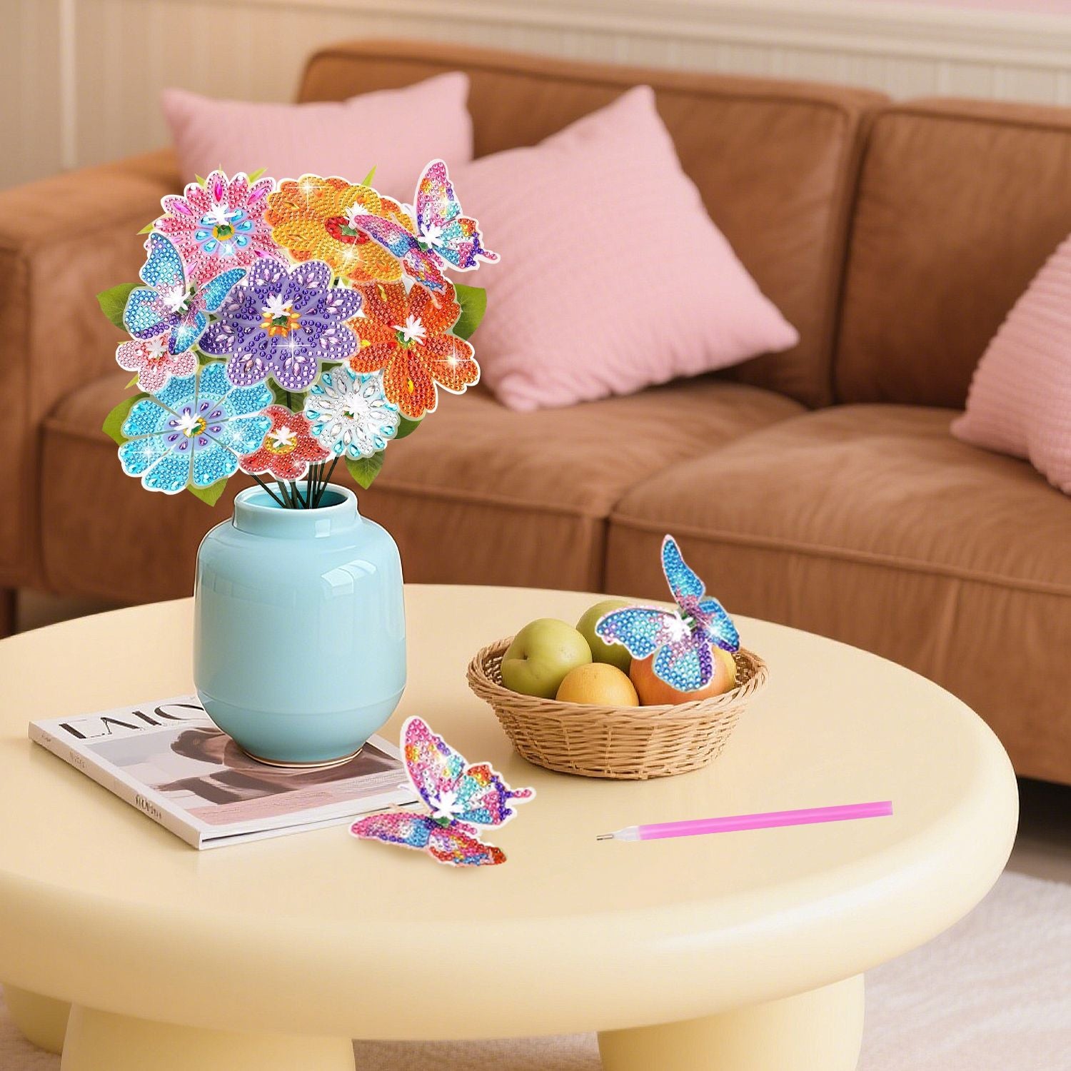 73 Pcs Flower Rhinestones Art Kits Include Butterfly Flower Needle Base Flower Stem DIY Rhinestones Painting Bouquet for Birthday Craft Gift Small Butterfly Decorative Stakes for Wedding Holiday
