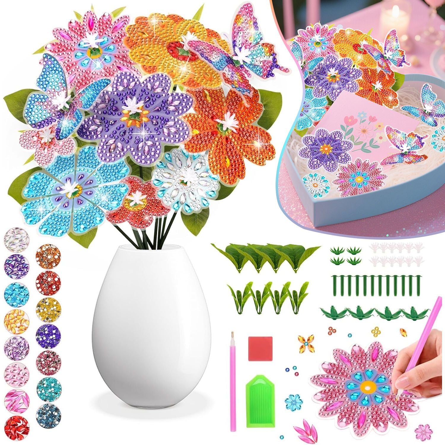 73 Pcs Flower Rhinestones Art Kits Include Butterfly Flower Needle Base Flower Stem DIY Rhinestones Painting Bouquet for Birthday Craft Gift Small Butterfly Decorative Stakes for Wedding Holiday