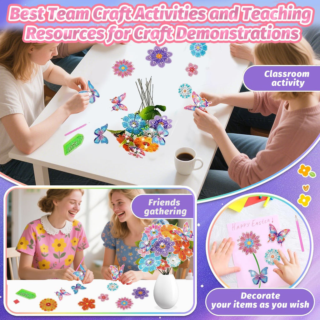 73 Pcs Flower Rhinestones Art Kits Include Butterfly Flower Needle Base Flower Stem DIY Rhinestones Painting Bouquet for Birthday Craft Gift Small Butterfly Decorative Stakes for Wedding Holiday