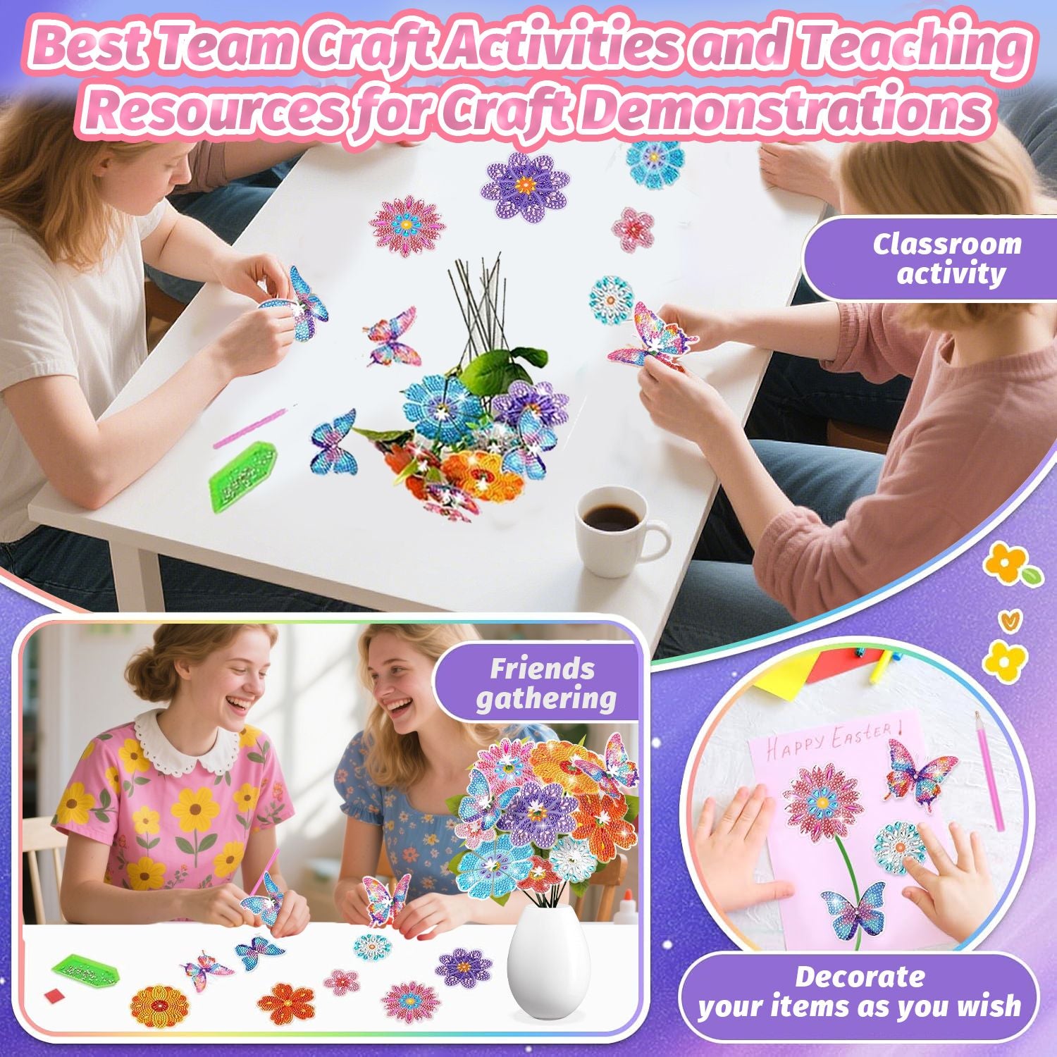73 Pcs Flower Rhinestones Art Kits Include Butterfly Flower Needle Base Flower Stem DIY Rhinestones Painting Bouquet for Birthday Craft Gift Small Butterfly Decorative Stakes for Wedding Holiday