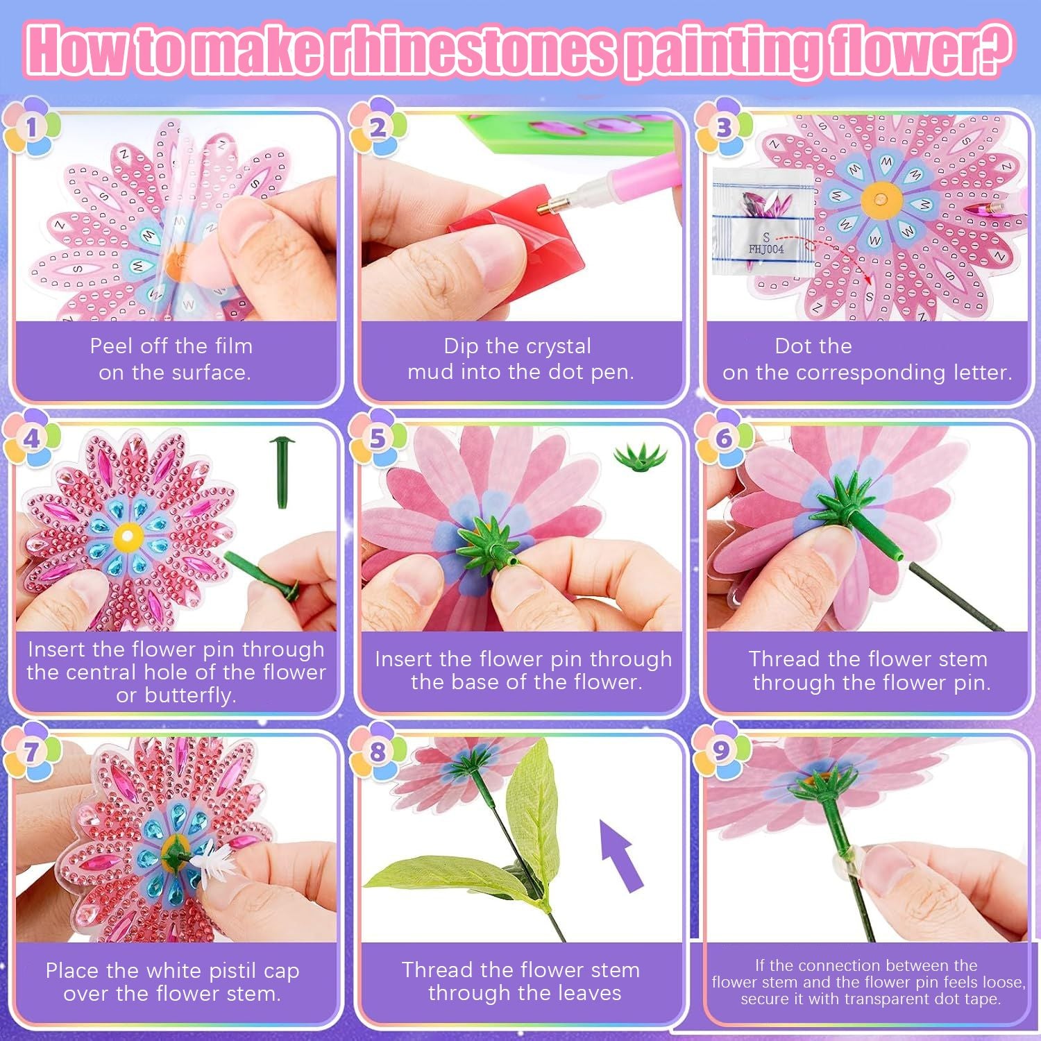 73 Pcs Flower Rhinestones Art Kits Include Butterfly Flower Needle Base Flower Stem DIY Rhinestones Painting Bouquet for Birthday Craft Gift Small Butterfly Decorative Stakes for Wedding Holiday