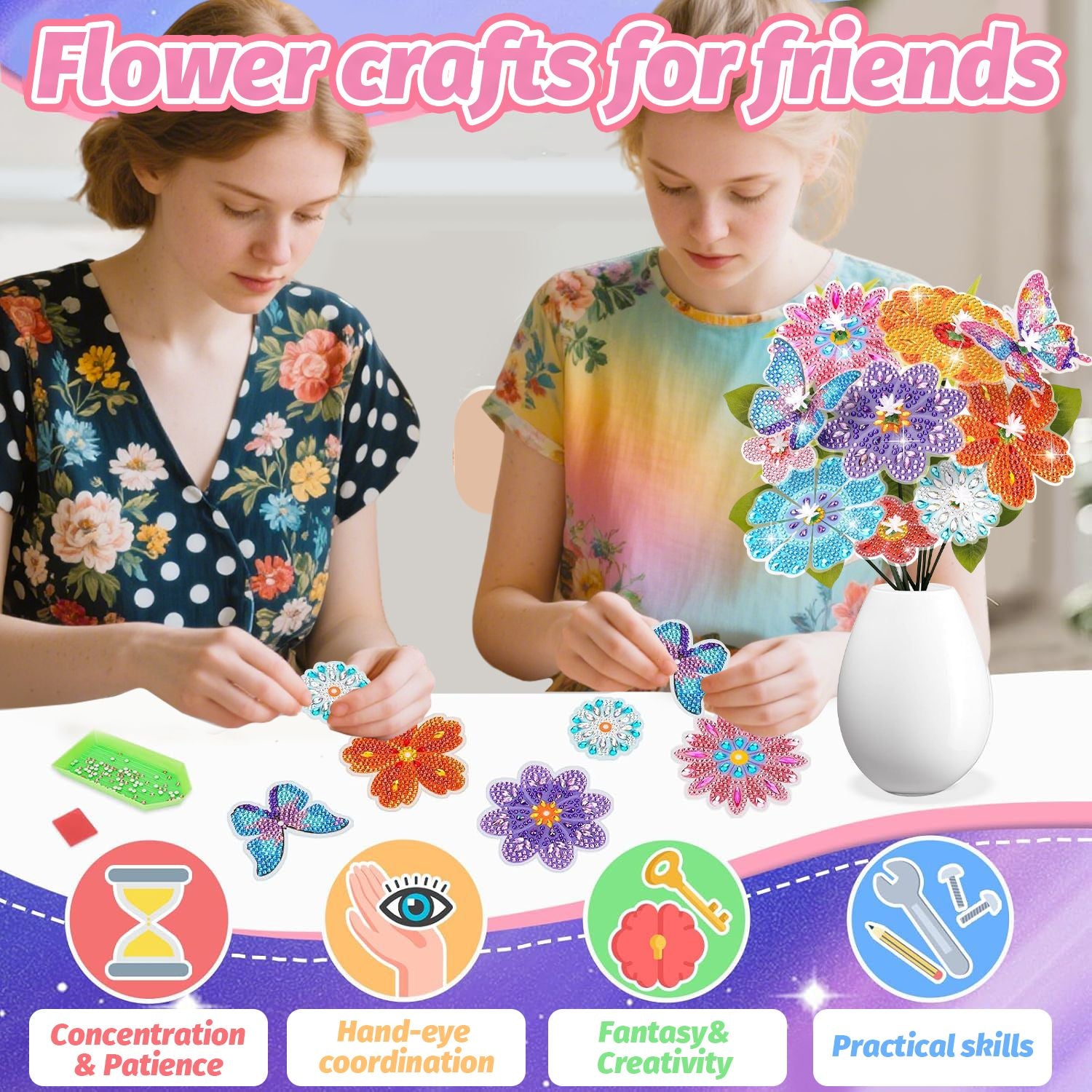 73 Pcs Flower Rhinestones Art Kits Include Butterfly Flower Needle Base Flower Stem DIY Rhinestones Painting Bouquet for Birthday Craft Gift Small Butterfly Decorative Stakes for Wedding Holiday