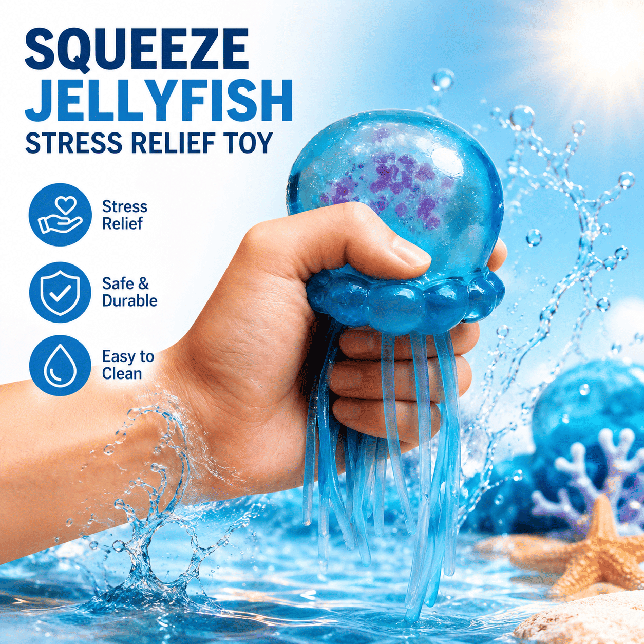 Jellyfish Squishy Stress Ball Toy, Glitter Filled Sensory Fidget Toy for Anxiety Relief, Soft TPR Squeeze Toy for Kids & Adults, Cute Desk Decor & Party Favor Gift