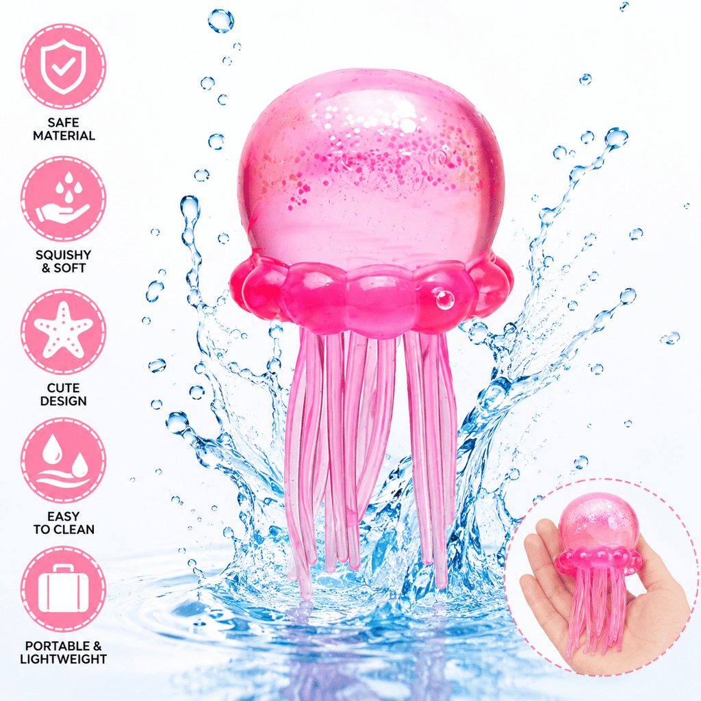 Jellyfish Squishy Stress Ball Toy, Glitter Filled Sensory Fidget Toy for Anxiety Relief, Soft TPR Squeeze Toy for Kids & Adults, Cute Desk Decor & Party Favor Gift