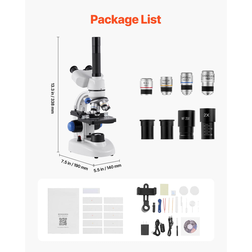 Trinocular Microscope, 40-5000X Magnification, Professional Compound Microscope for Adult with Phone Adapter, LED Light, Aluminum Alloy Body, for Lab, School, Home, Education