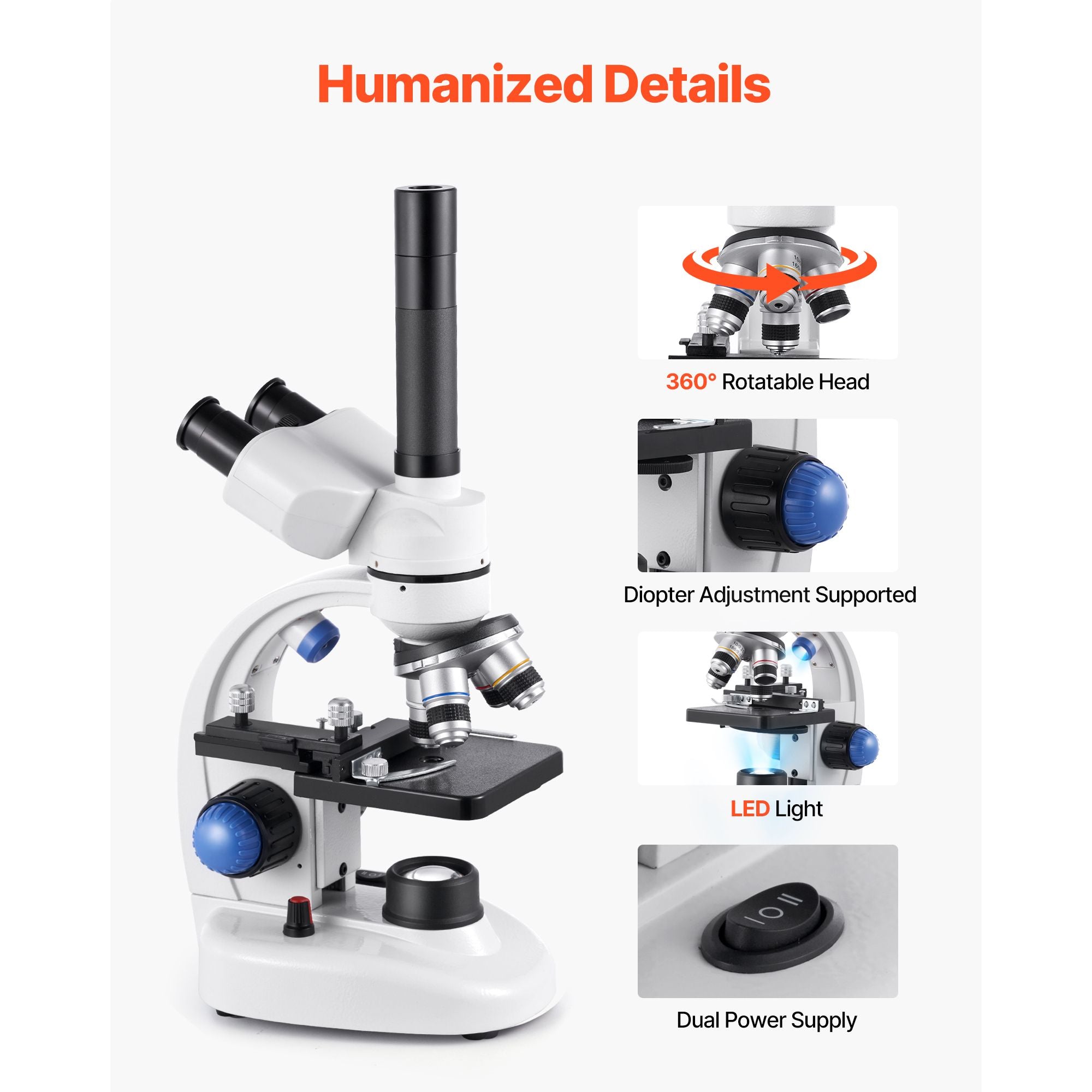 Trinocular Microscope, 40-5000X Magnification, Professional Compound Microscope for Adult with Phone Adapter, LED Light, Aluminum Alloy Body, for Lab, School, Home, Education