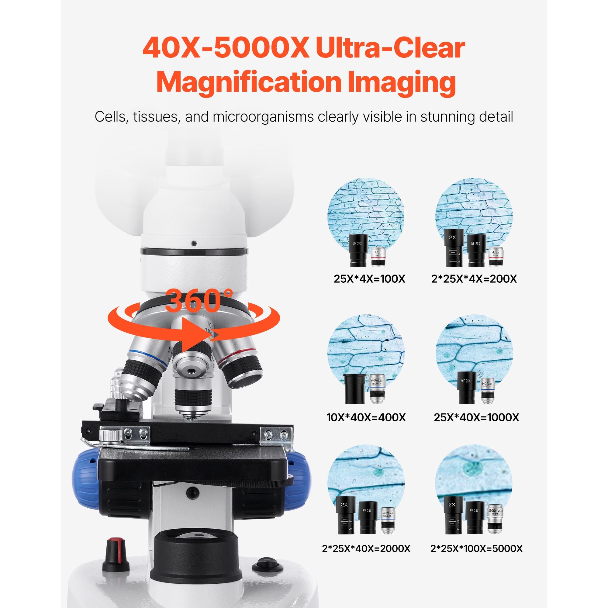 Trinocular Microscope, 40-5000X Magnification, Professional Compound Microscope for Adult with Phone Adapter, LED Light, Aluminum Alloy Body, for Lab, School, Home, Education