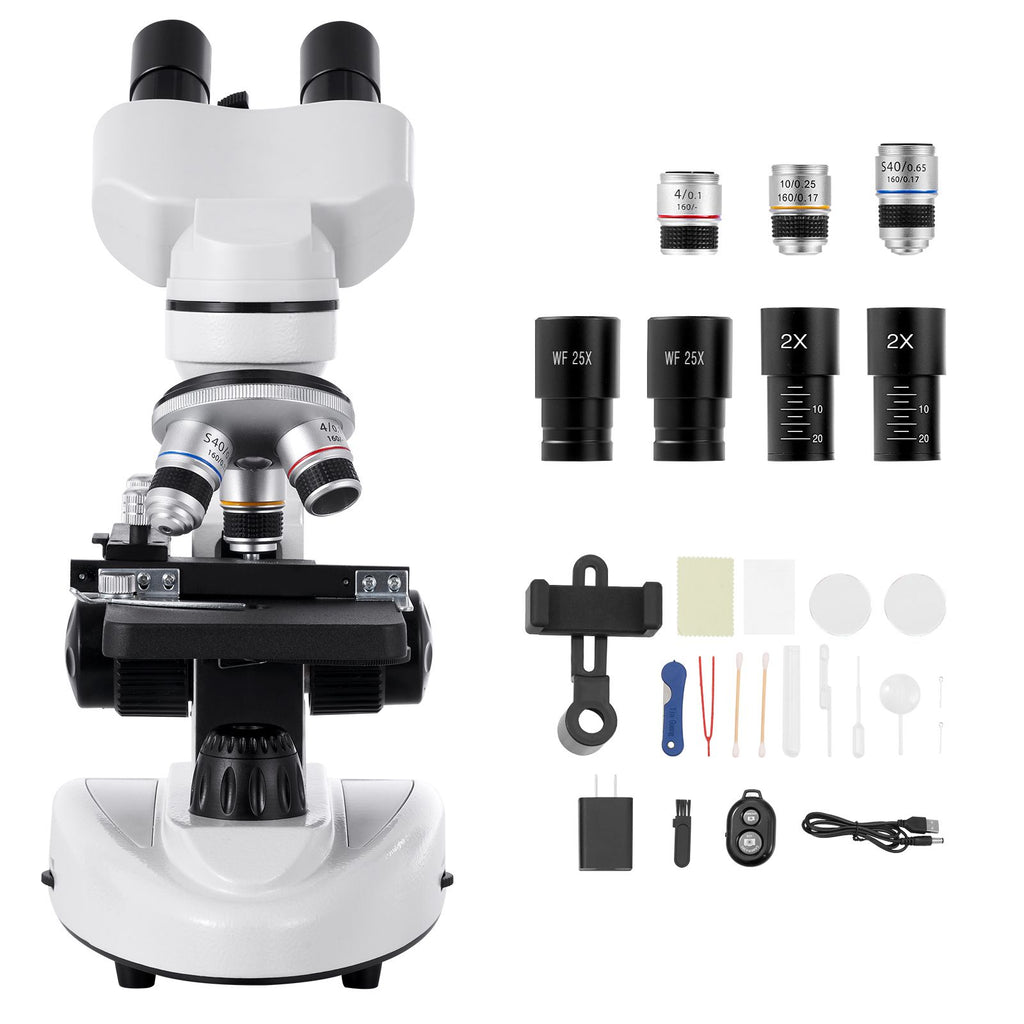 Compound Binocular Microscope, 40-2000X Magnification, Professional Compound Microscope for Adult with Phone Adapter, LED Light, Aluminum Alloy Body, for Lab, School, Home, Education