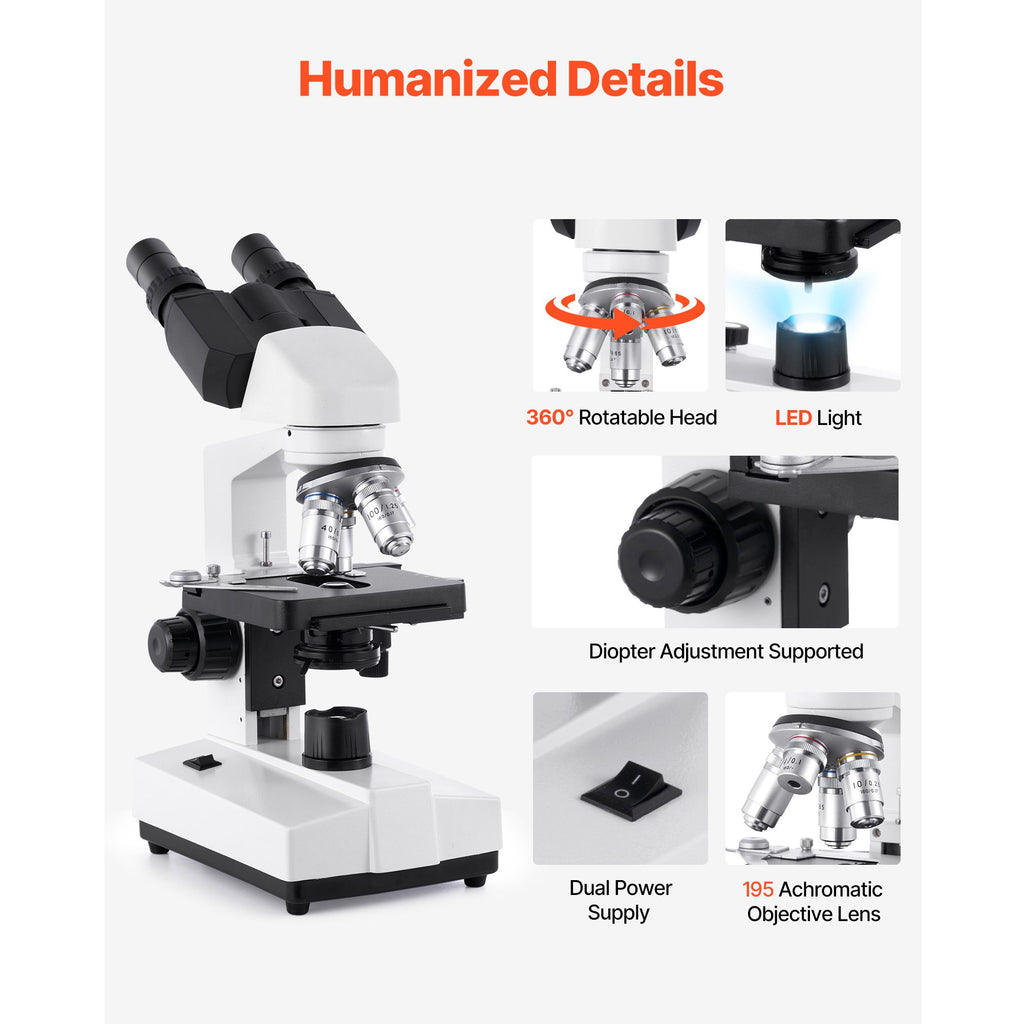 Binocular Microscope, 40-5000X Magnification, Professional Compound Microscope for Adult with Dual Stage and Two Sets of Eyepieces, Aluminum Alloy Body, Includes LED Light and Phone Holder