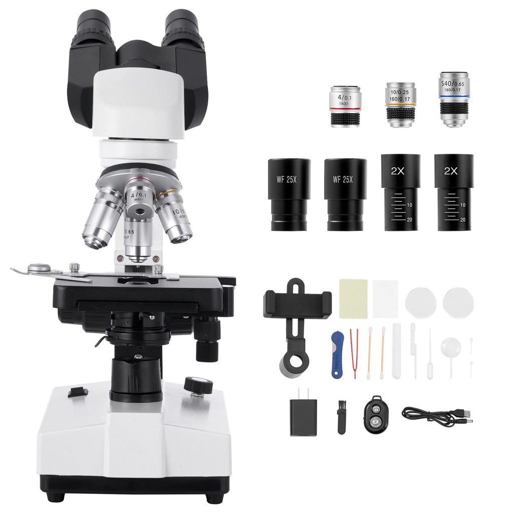 Binocular Microscope, 40-5000X Magnification, Professional Compound Microscope for Adult with Dual Stage and Two Sets of Eyepieces, Aluminum Alloy Body, Includes LED Light and Phone Holder