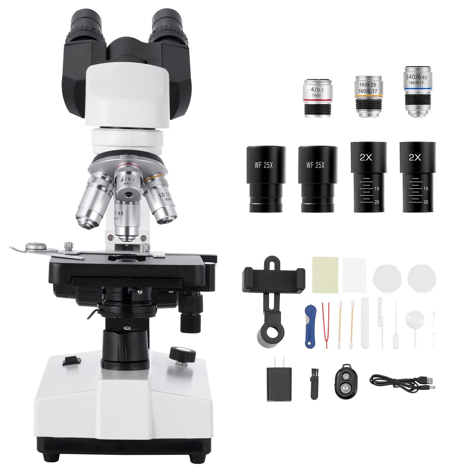 Binocular Microscope, 40-5000X Magnification, Professional Compound Microscope for Adult with Dual Stage and Two Sets of Eyepieces, Aluminum Alloy Body, Includes LED Light and Phone Holder