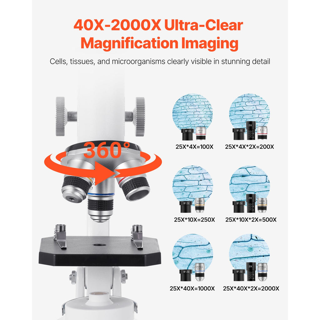 Microscope for Kids Adults, 40X-2000X Professional Compound Microscope Mobile Phone Adapter with LED Light, for Laboratory, School, Home, Education