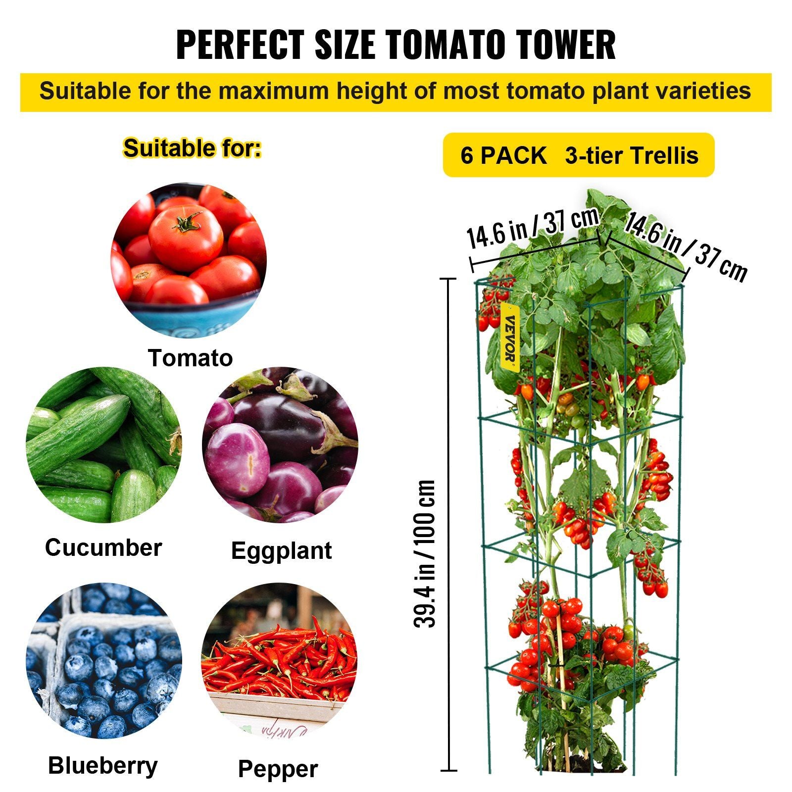 Tomato Cages, 14.6\" x 14.6\" x 39.4\", 6 Packs Square Plant Support Cages, Green PVC-Coated Steel Tomato Towers for Climbing Vegetables, Plants, Flowers, Fruits
