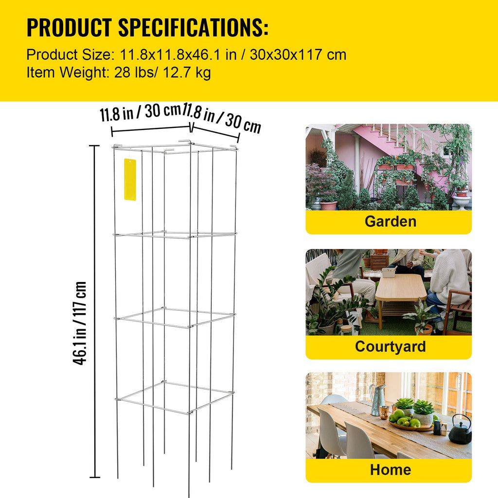 Tomato Cages, 11.8\" x 11.8\" x 46.1\", 10 Packs Square Plant Support Cages, Silver PVC-Coated Steel Tomato Towers for Climbing Vegetables, Plants, Flowers, Fruits