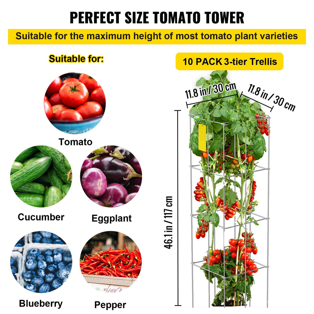 Tomato Cages, 11.8\" x 11.8\" x 46.1\", 10 Packs Square Plant Support Cages, Silver PVC-Coated Steel Tomato Towers for Climbing Vegetables, Plants, Flowers, Fruits