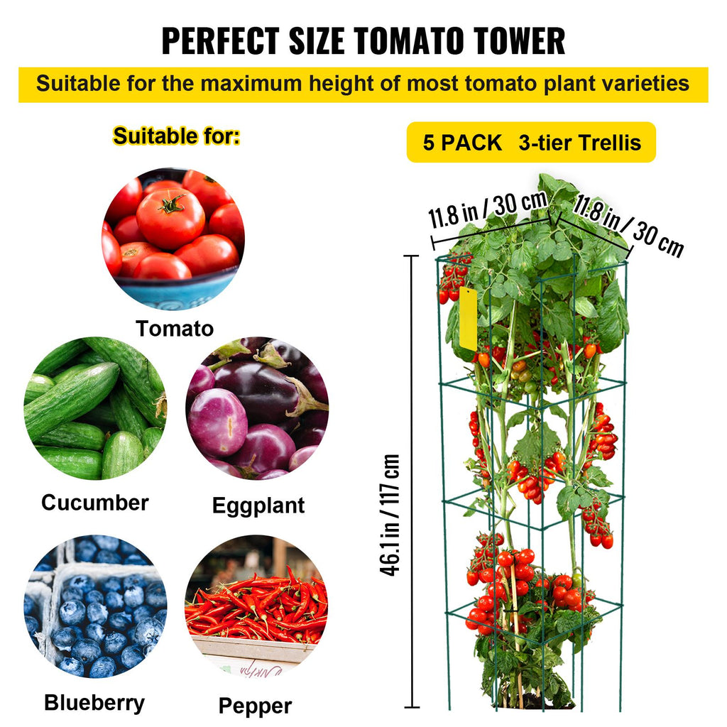 Tomato Cages, 11.8\" x 11.8\" x 46.1\", 5 Packs Square Plant Support Cages, Green PVC-Coated Steel Tomato Towers for Climbing Vegetables, Plants, Flowers, Fruits