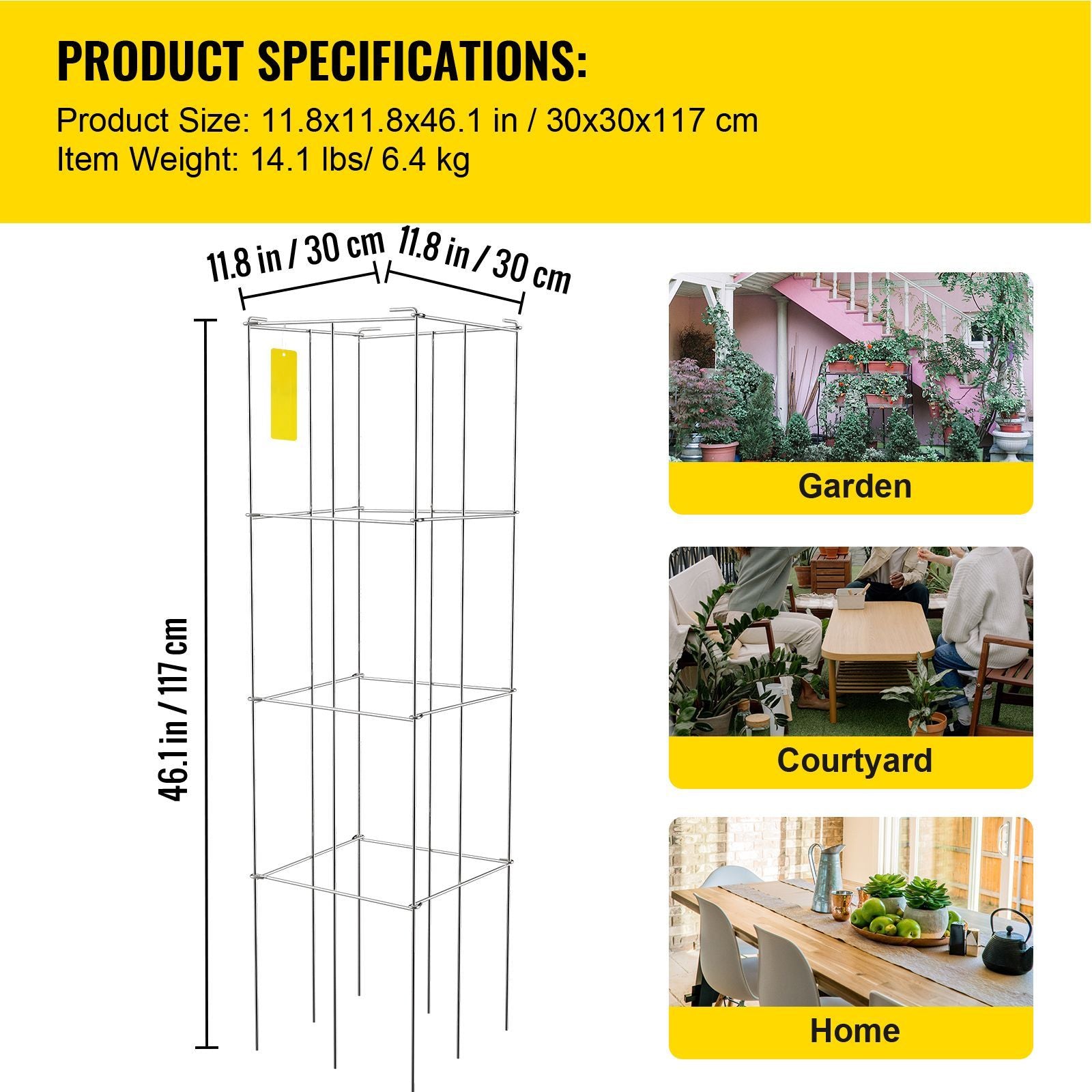 Tomato Cages, 11.8\" x 11.8\" x 46.1\", 5 Packs Square Plant Support Cages, Silver PVC-Coated Steel Tomato Towers for Climbing Vegetables, Plants, Flowers, Fruits
