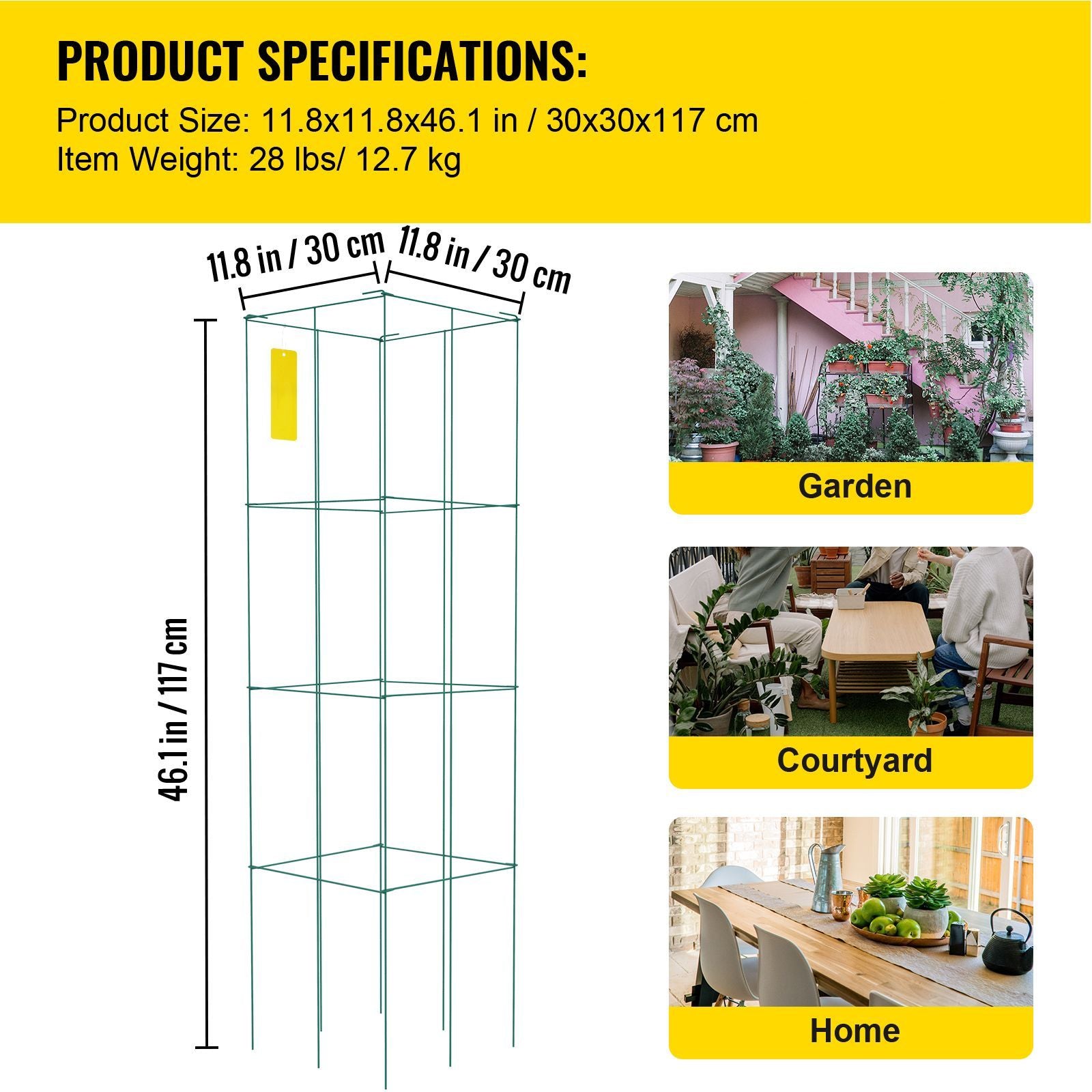 Tomato Cages, 11.8\" x 11.8\" x 46.1\", 10 Packs Square Plant Support Cages, Green PVC-Coated Steel Tomato Towers for Climbing Vegetables, Plants, Flowers, Fruits