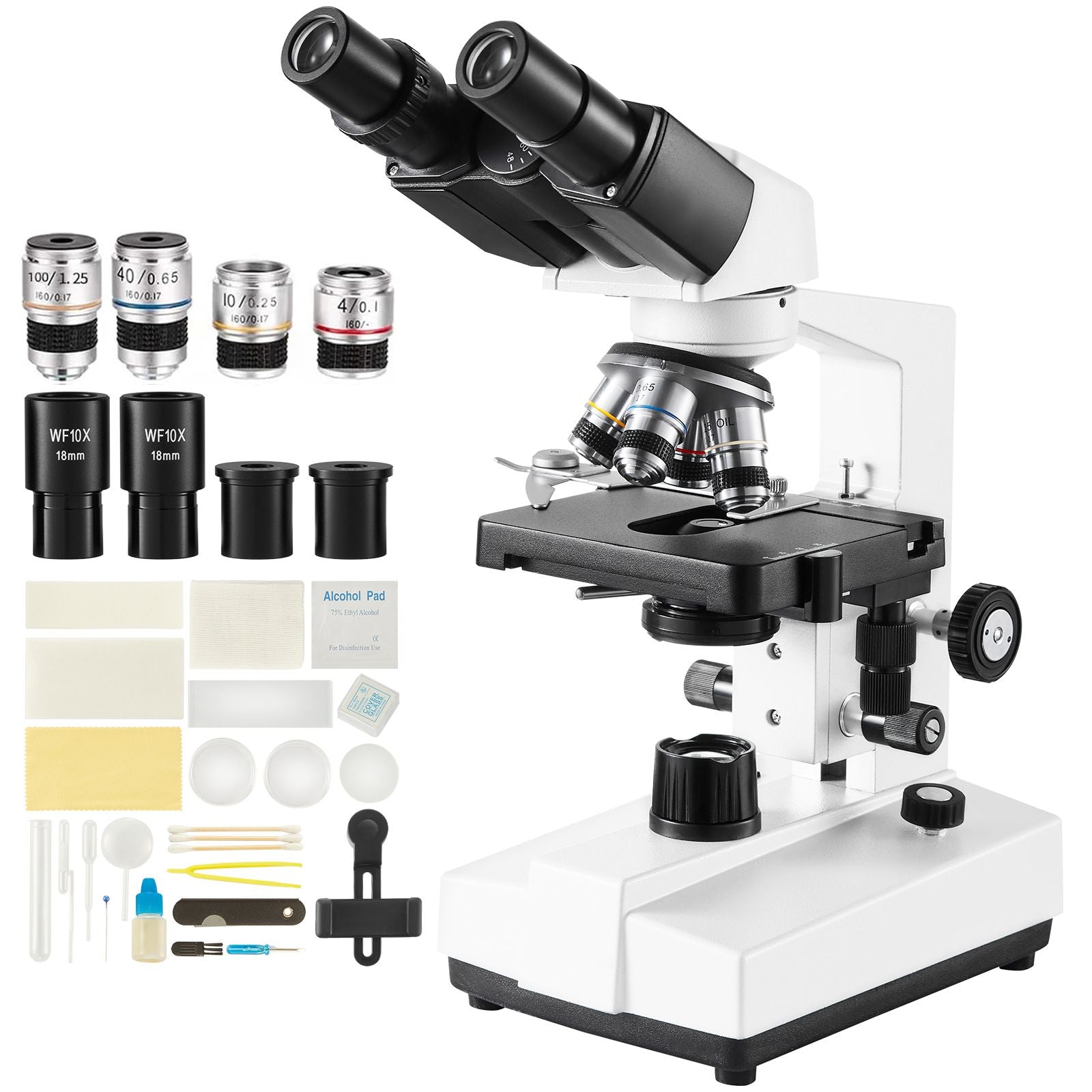 Binocular Compound Microscope, 40X-2500X Magnification, Binocular Compound Lab Microscope with LED Illumination, Two-Layer Mechanical Stage, Includes Phone Holder & Microscope Slides