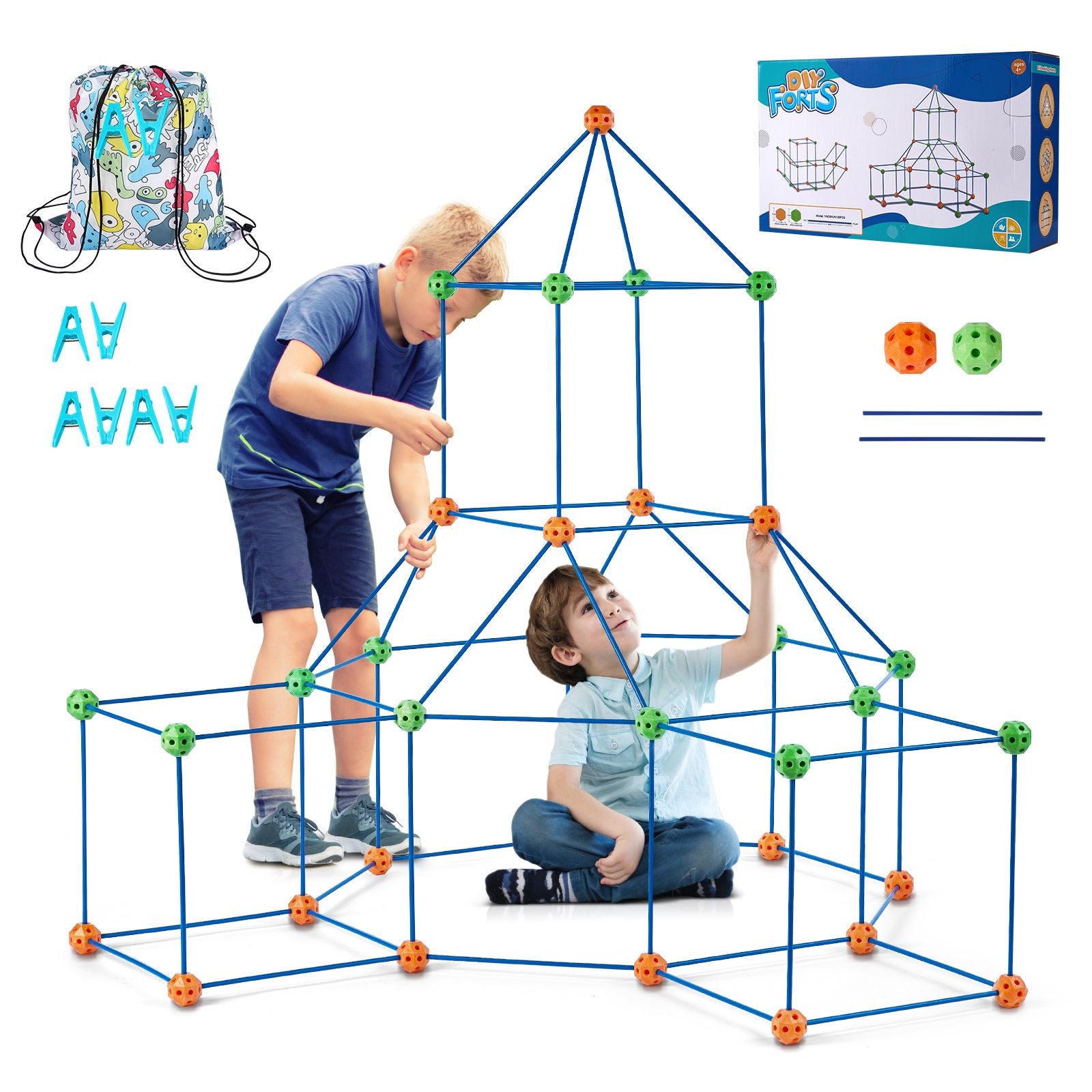 Fort Building Kit for Kids, 120PCS STEM Building Toys, Educational Gift for 4 5 6 7 8+ Year Old Boys & Girls, Indoor Outdoor Play Tent Builder Set Construction Toys with 80 Rods and 40 Balls