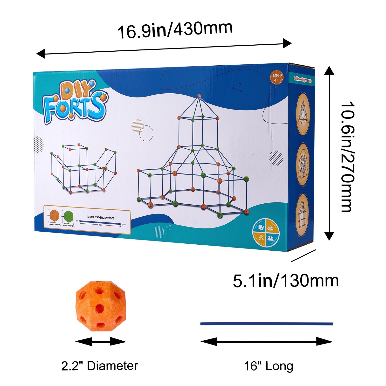 Fort Building Kit for Kids, 120PCS STEM Building Toys, Educational Gift for 4 5 6 7 8+ Year Old Boys & Girls, Indoor Outdoor Play Tent Builder Set Construction Toys with 80 Rods and 40 Balls