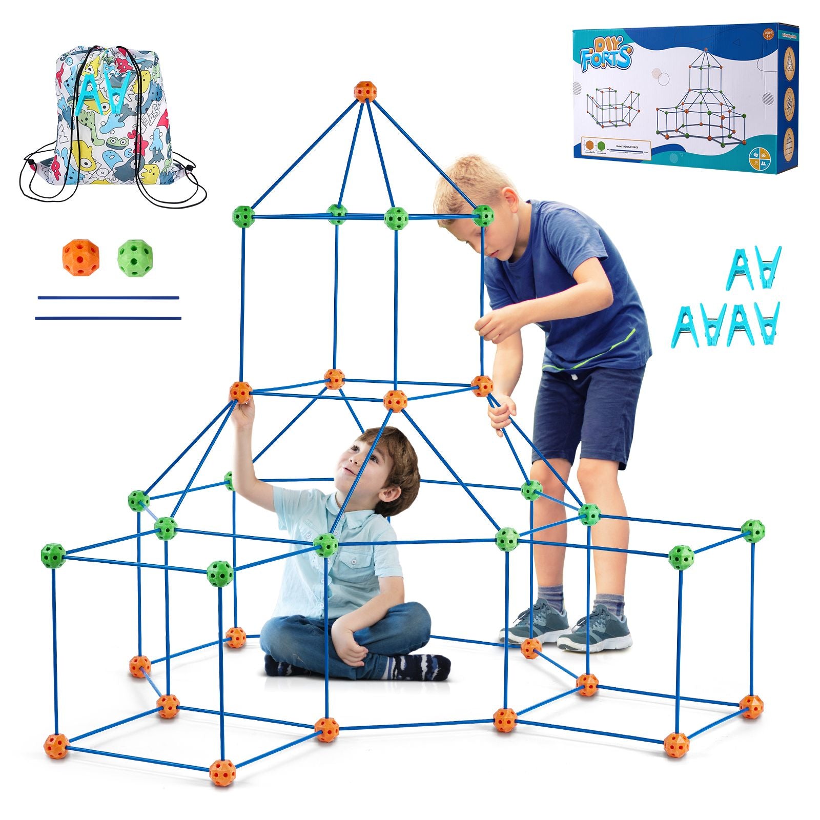 Fort Building Kit for Kids, 120PCS STEM Building Toys, Educational Gift for 4 5 6 7 8+ Year Old Boys & Girls, Indoor Outdoor Play Tent Builder Set Construction Toys with 80 Rods and 40 Balls