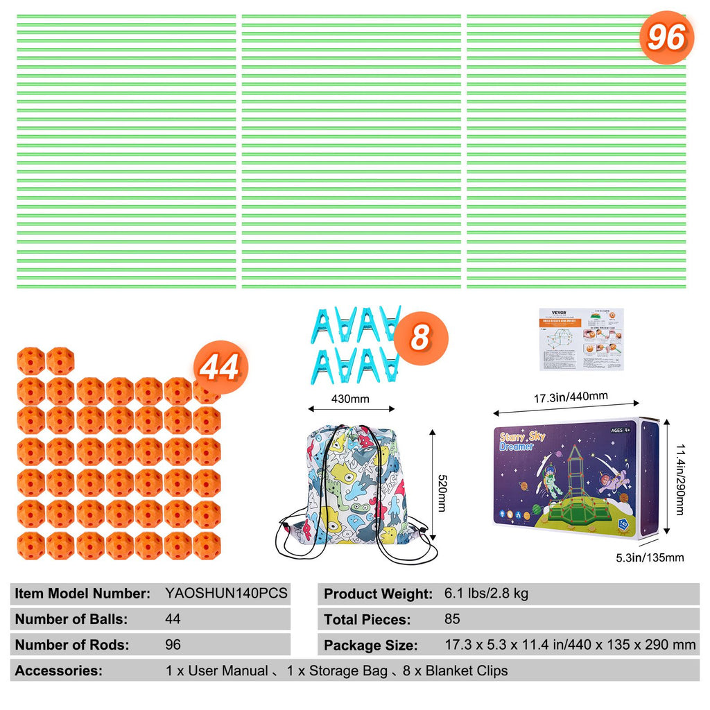 Fort Building Kit for Kids, 140PCS Glow in The Dark STEM Building Toys, Educational Gift for 4 5 6 7 8+ Year Old Boys & Girls Indoor Outdoor Play Tent Construction Toys with 96 Rods and 44 Balls