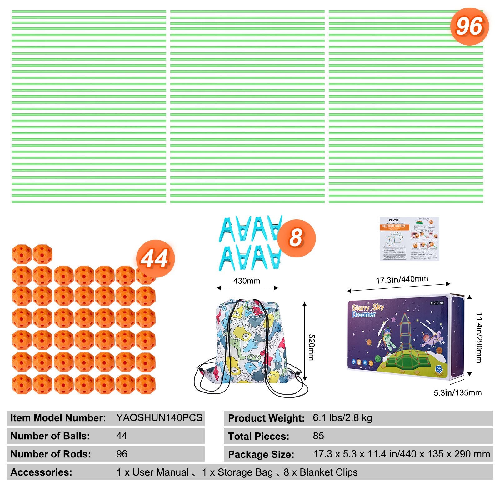 Fort Building Kit for Kids, 140PCS Glow in The Dark STEM Building Toys, Educational Gift for 4 5 6 7 8+ Year Old Boys & Girls Indoor Outdoor Play Tent Construction Toys with 96 Rods and 44 Balls
