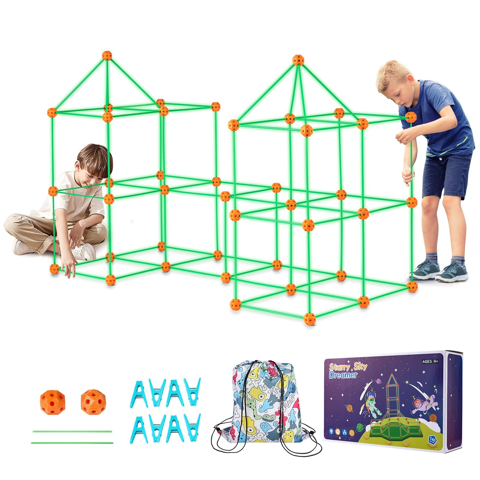Fort Building Kit for Kids, 140PCS Glow in The Dark STEM Building Toys, Educational Gift for 4 5 6 7 8+ Year Old Boys & Girls Indoor Outdoor Play Tent Construction Toys with 96 Rods and 44 Balls