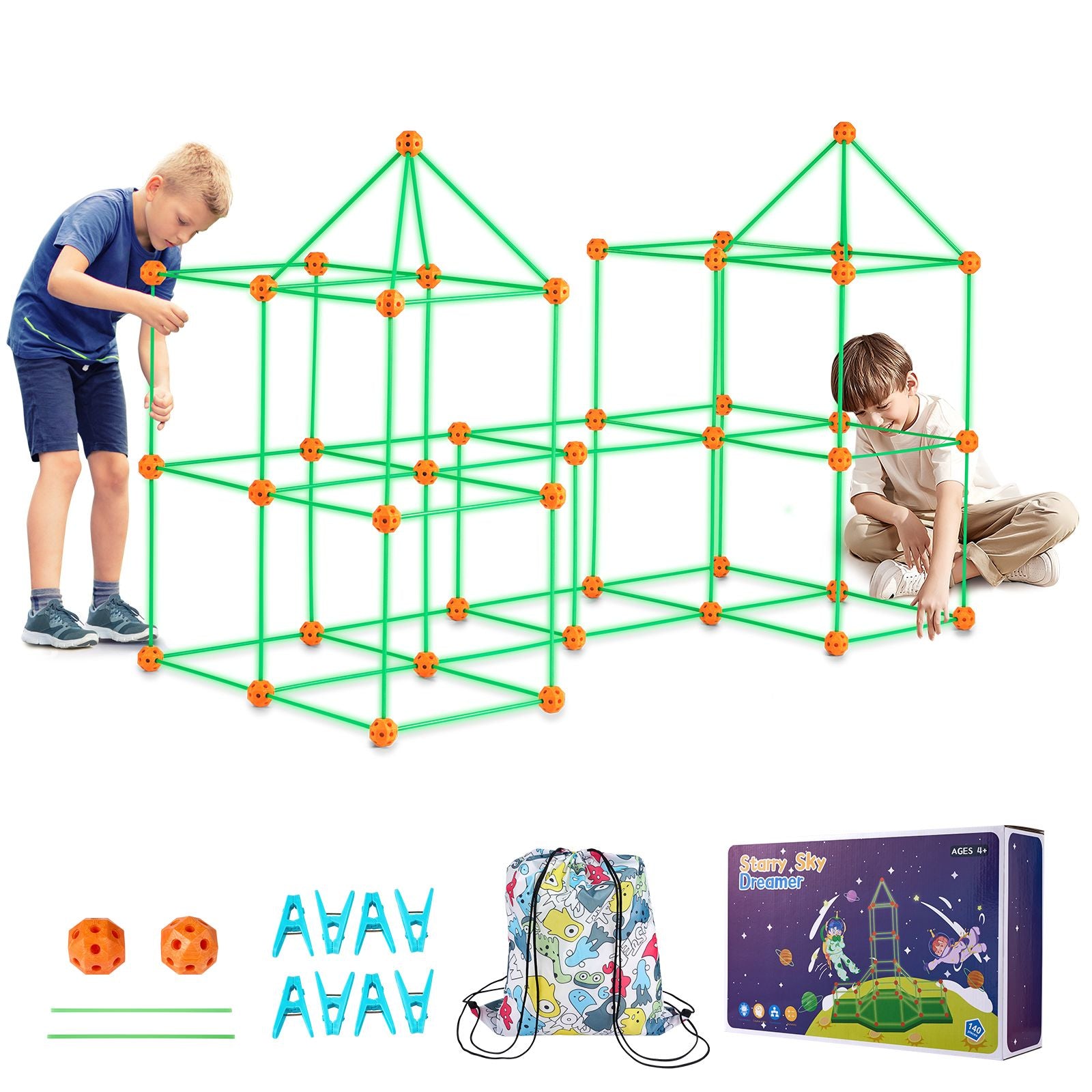Fort Building Kit for Kids, 140PCS Glow in The Dark STEM Building Toys, Educational Gift for 4 5 6 7 8+ Year Old Boys & Girls Indoor Outdoor Play Tent Construction Toys with 96 Rods and 44 Balls