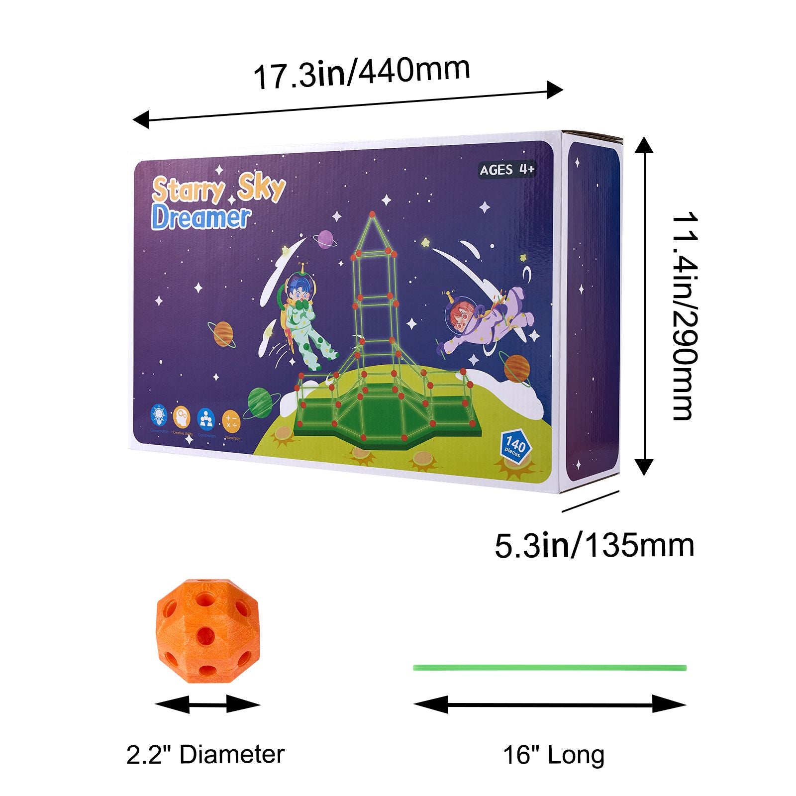 Fort Building Kit for Kids, 140PCS Glow in The Dark STEM Building Toys, Educational Gift for 4 5 6 7 8+ Year Old Boys & Girls Indoor Outdoor Play Tent Construction Toys with 96 Rods and 44 Balls